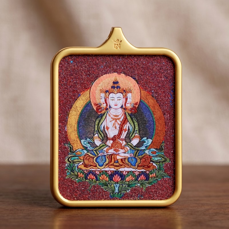 Amitabha Buddha Red Sandalwood Background Thangka Pendant | Guardian Deity for Dog & Pig Zodiac Signs Amulet thumbnail