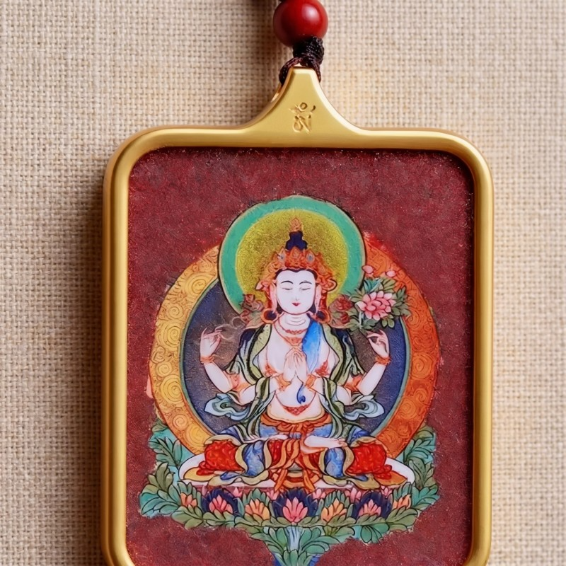 Amitabha Buddha Red Sandalwood Background Thangka Pendant | Guardian Deity for Dog & Pig Zodiac Signs Amulet thumbnail