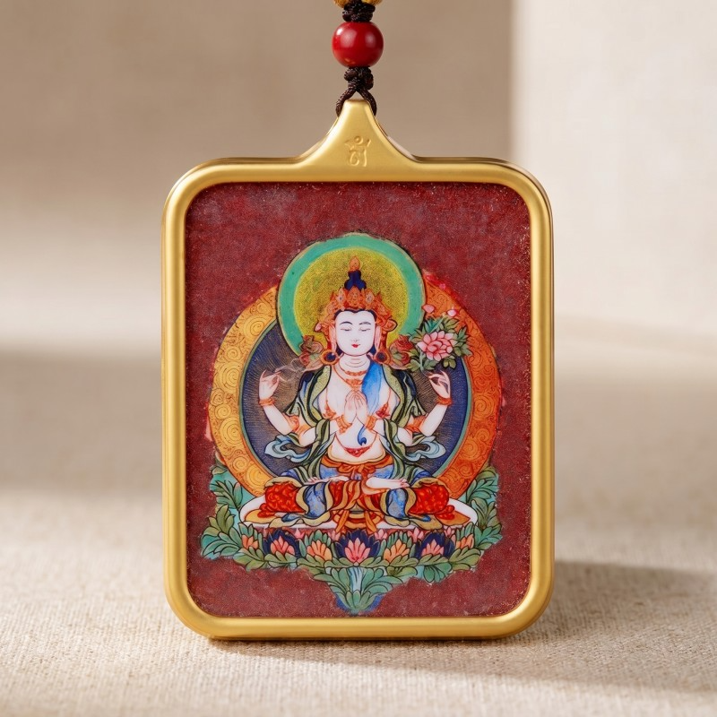 Amitabha Buddha Red Sandalwood Background Thangka Pendant | Guardian Deity for Dog & Pig Zodiac Signs Amulet thumbnail