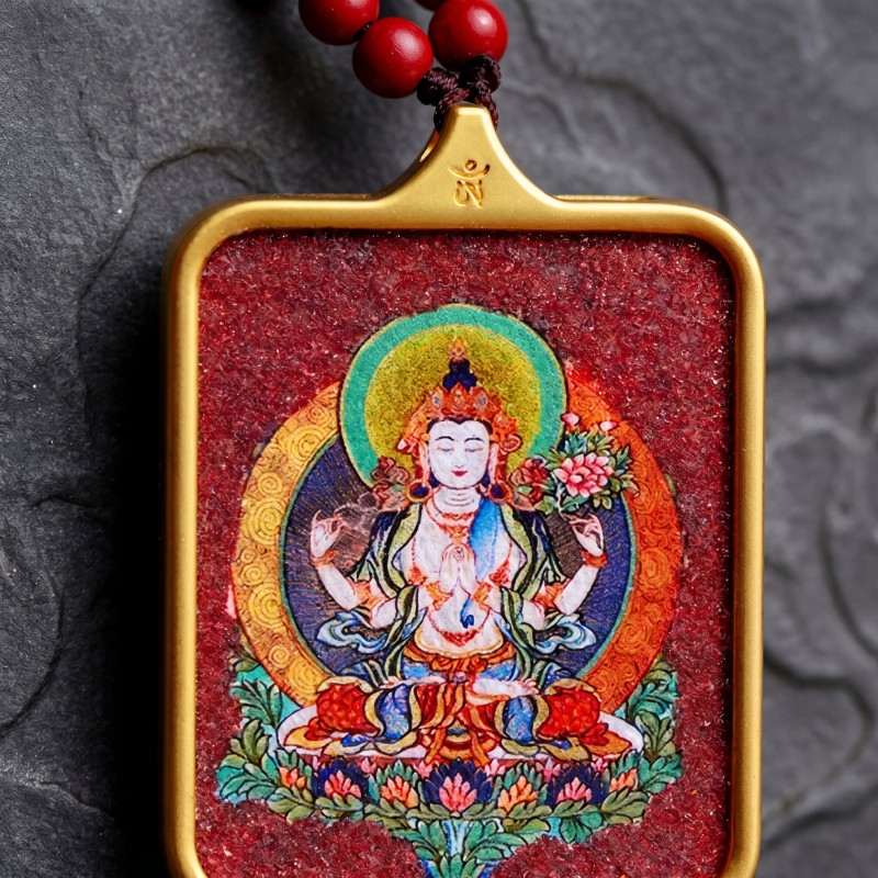 Amitabha Buddha Red Sandalwood Background Thangka Pendant | Guardian Deity for Dog & Pig Zodiac Signs Amulet thumbnail