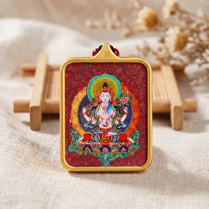 Amitabha Buddha Red Sandalwood Background Thangka Pendant | Guardian Deity for Dog & Pig Zodiac Signs Amulet thumbnail