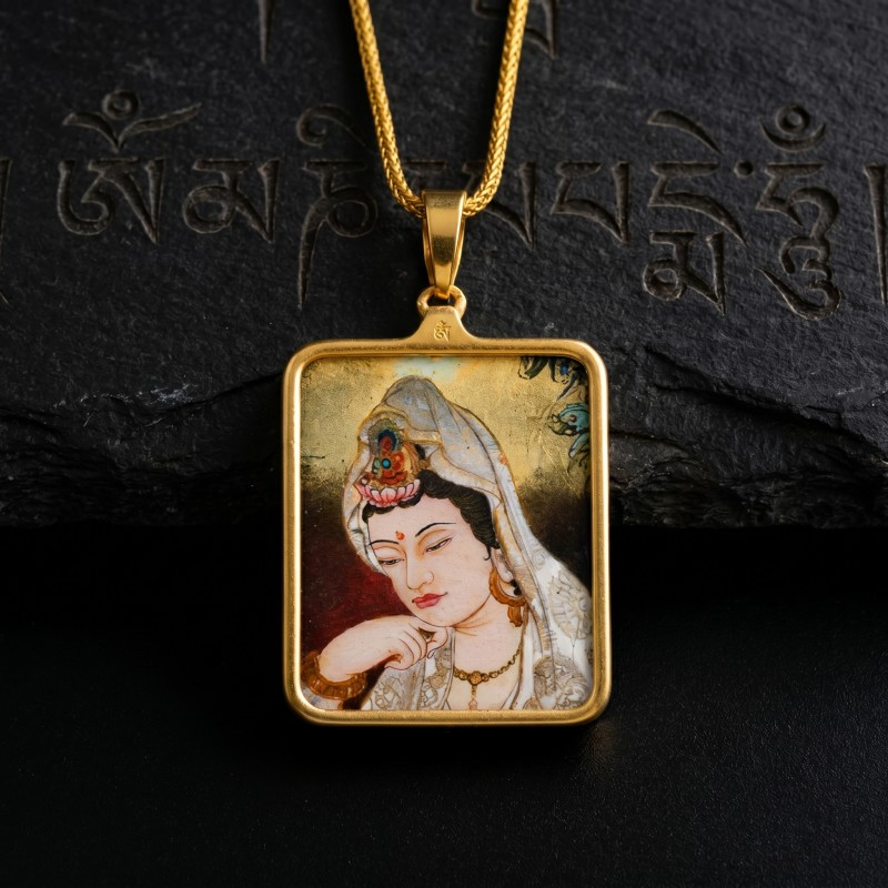 Avalokiteshvara (Compassionate Form) Hand-Painted Thangka Pendant | Amulet of Peace, Comfort & Divine Guidance thumbnail