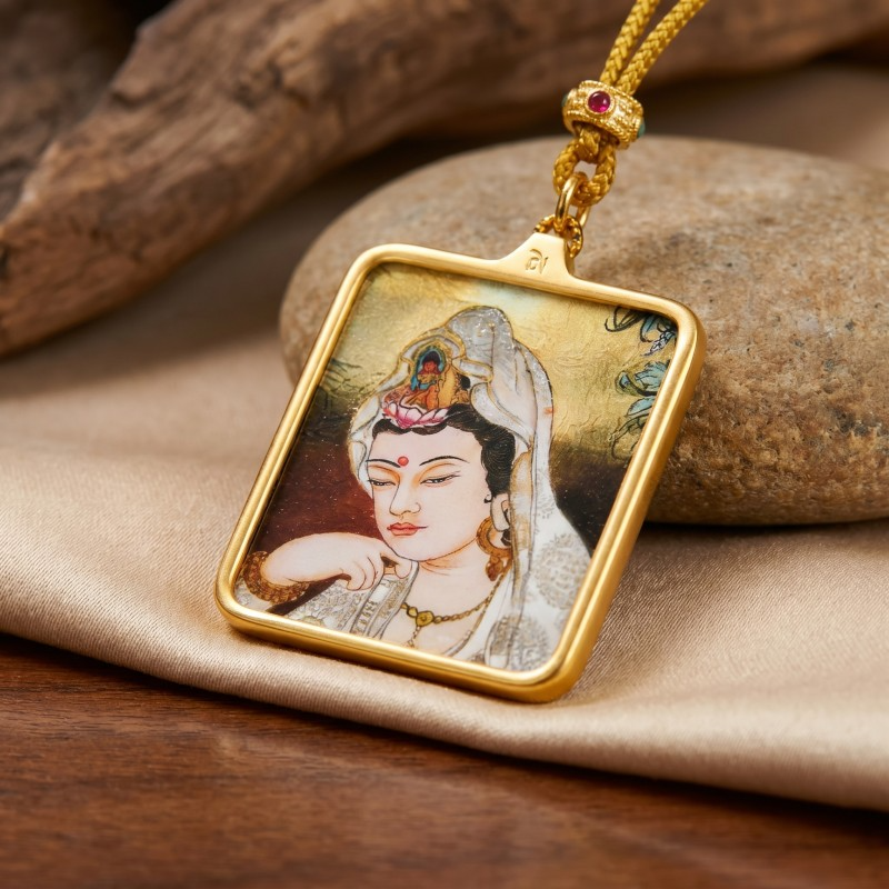 Avalokiteshvara (Compassionate Form) Hand-Painted Thangka Pendant | Amulet of Peace, Comfort & Divine Guidance thumbnail