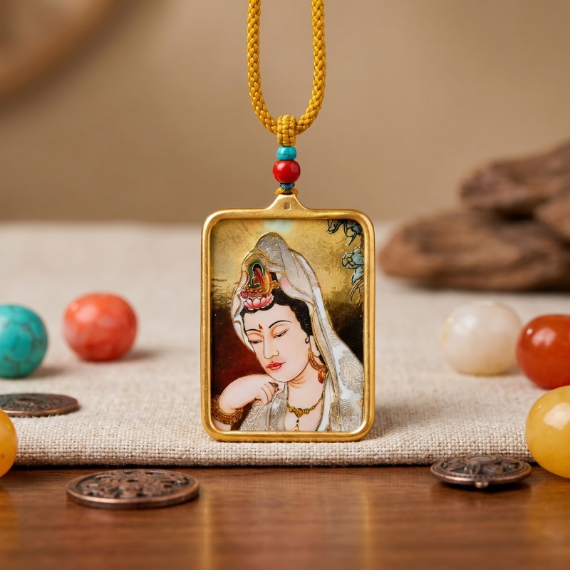 Avalokiteshvara (Compassionate Form) Hand-Painted Thangka Pendant | Amulet of Peace, Comfort & Divine Guidance thumbnail