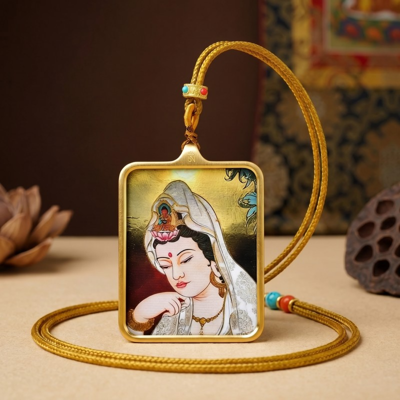 Avalokiteshvara (Compassionate Form) Hand-Painted Thangka Pendant | Amulet of Peace, Comfort & Divine Guidance thumbnail