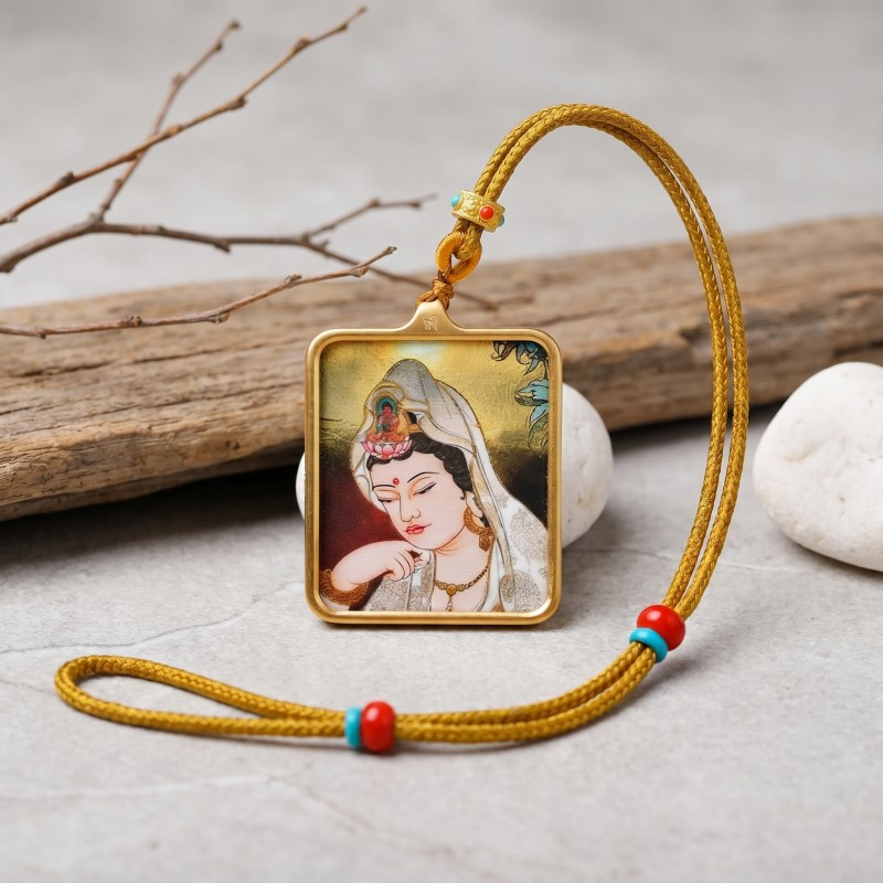 Avalokiteshvara (Compassionate Form) Hand-Painted Thangka Pendant | Amulet of Peace, Comfort & Divine Guidance thumbnail