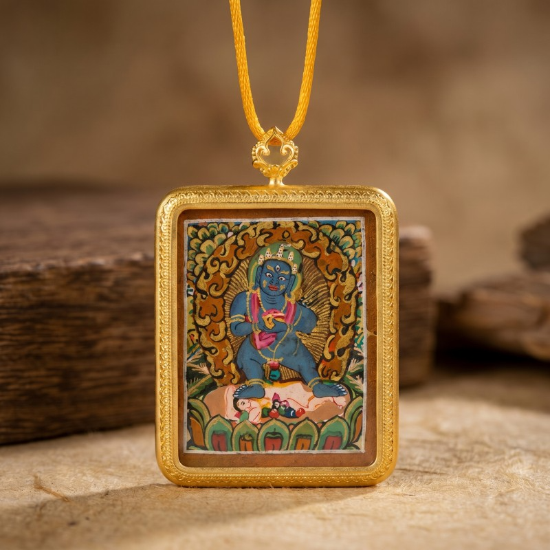 Black Jambhala Hand-Painted Thangka Pendant | God of Quick Wealth & Good Fortune Amulet thumbnail