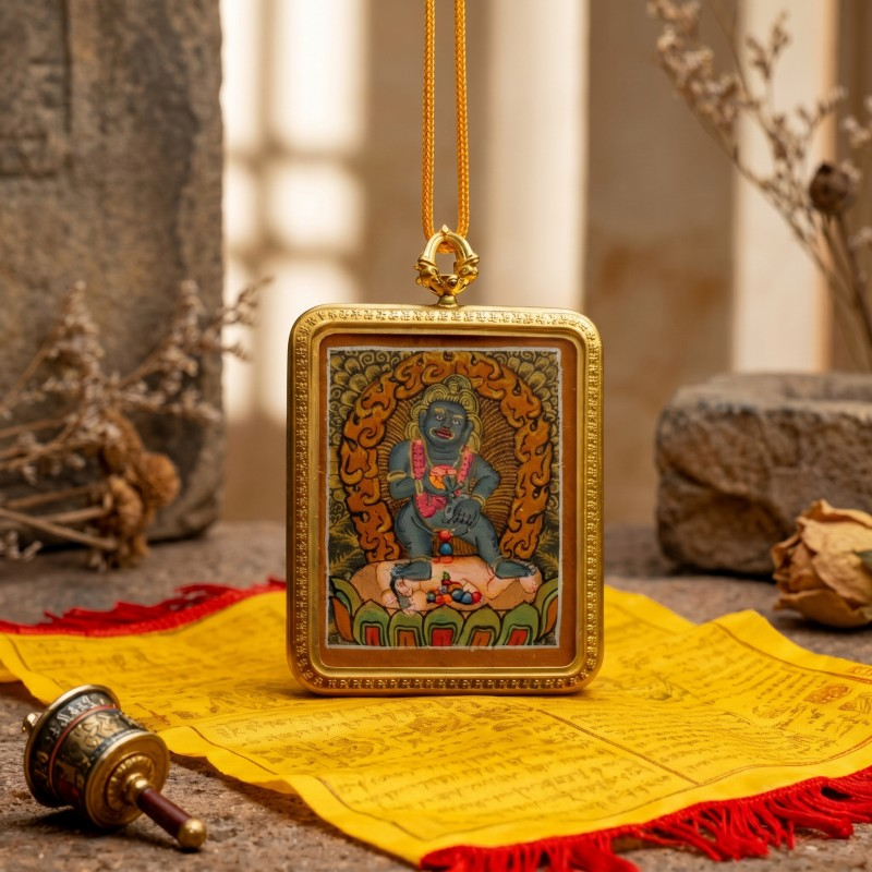Black Jambhala Hand-Painted Thangka Pendant | God of Quick Wealth & Good Fortune Amulet thumbnail