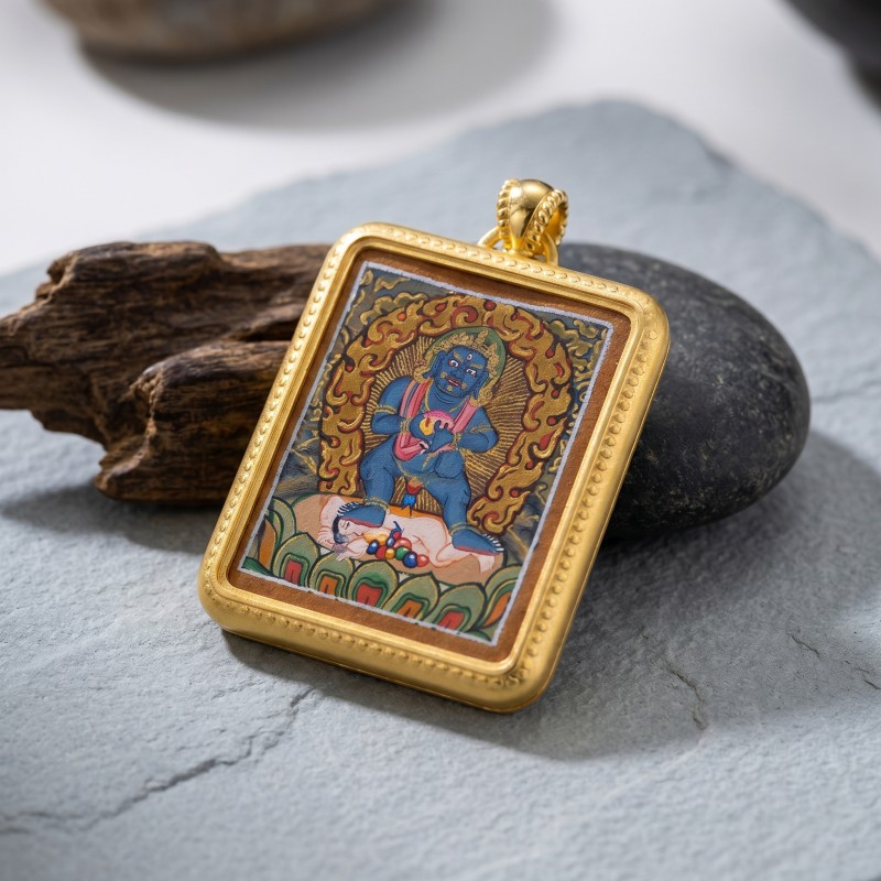 Black Jambhala Hand-Painted Thangka Pendant | God of Quick Wealth & Good Fortune Amulet thumbnail