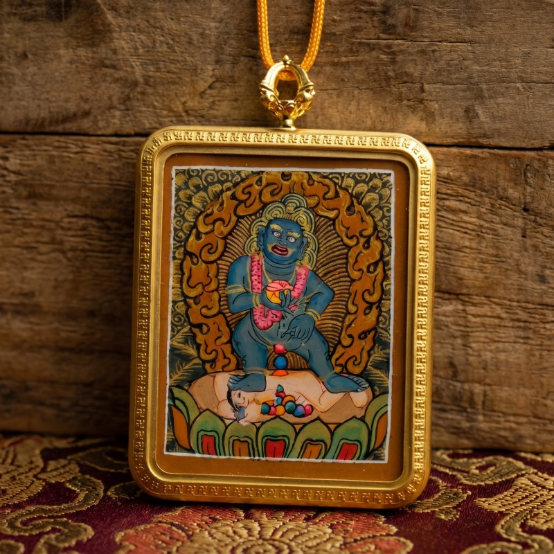 Black Jambhala Hand-Painted Thangka Pendant | God of Quick Wealth & Good Fortune Amulet thumbnail