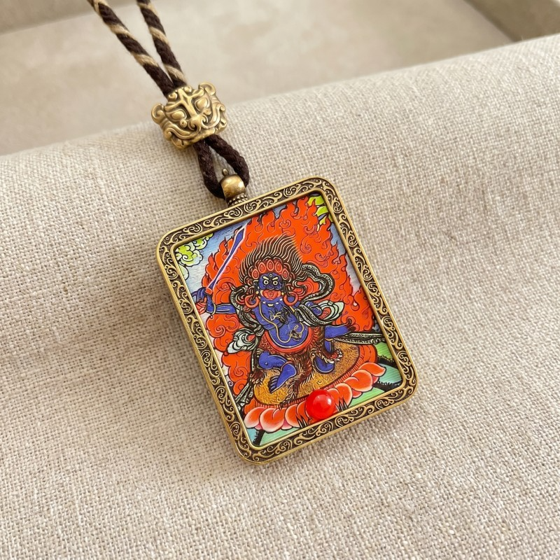Black Jambhala Hand-Painted Thangka Pendant | God of Swift Fortune & Obstacle Removal Amulet thumbnail