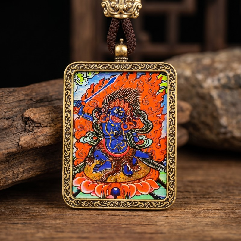 Black Jambhala Hand-Painted Thangka Pendant | God of Swift Fortune & Obstacle Removal Amulet thumbnail