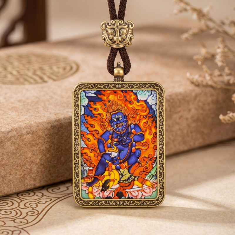 Black Jambhala Hand-Painted Thangka Pendant | God of Swift Fortune & Obstacle Removal Amulet thumbnail