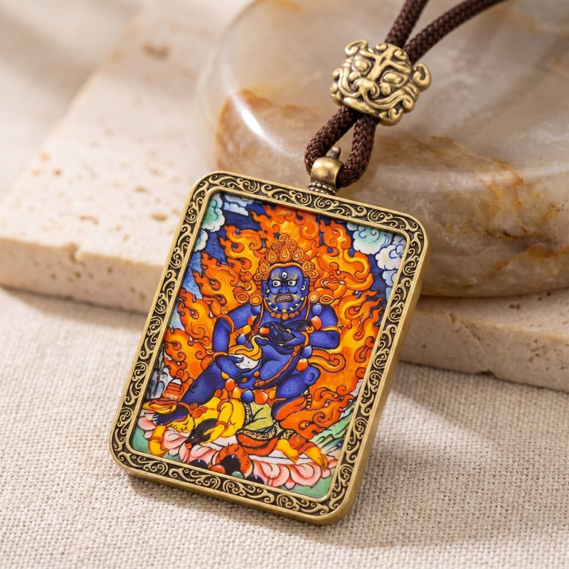 Black Jambhala Hand-Painted Thangka Pendant | God of Swift Fortune & Obstacle Removal Amulet thumbnail
