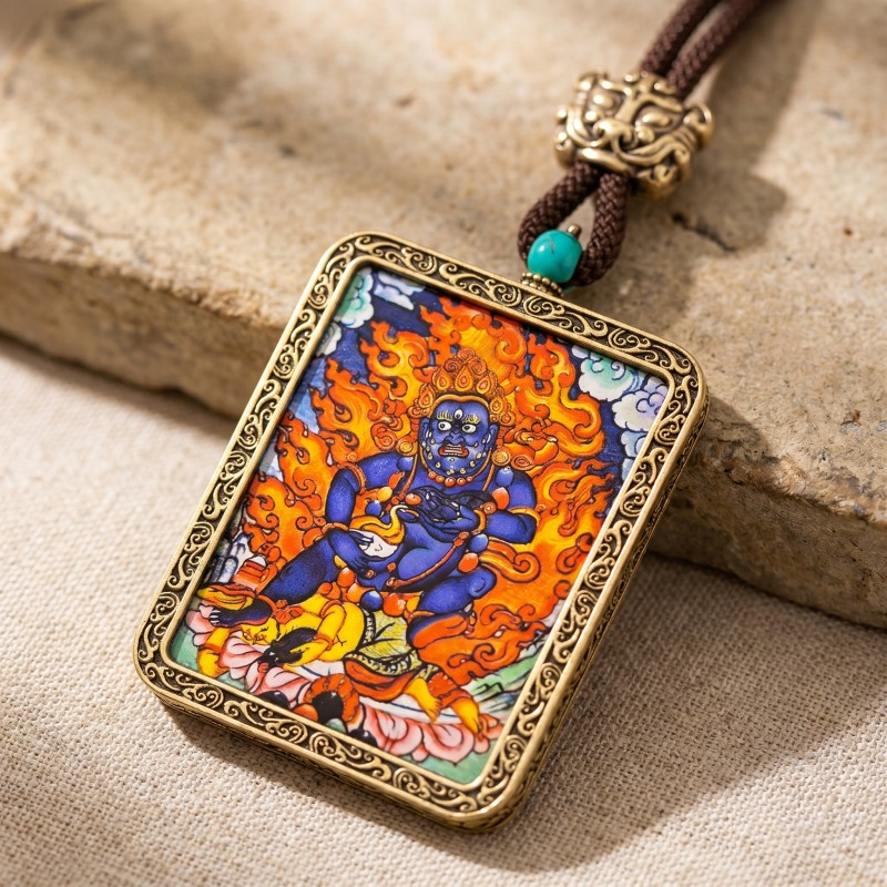 Black Jambhala Hand-Painted Thangka Pendant | God of Swift Fortune & Obstacle Removal Amulet thumbnail