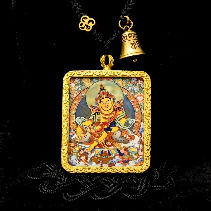 Black Jambhala Hand-Painted Thangka Pendant | God of Wealth & Protection Amulet thumbnail