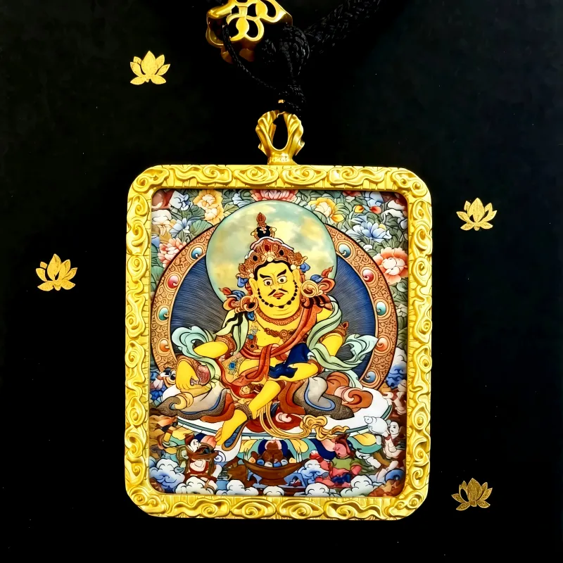 Black Jambhala Hand-Painted Thangka Pendant | God of Wealth & Protection Amulet thumbnail