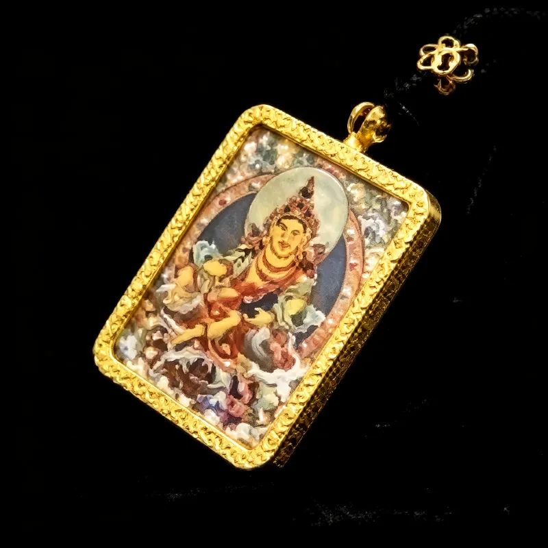Black Jambhala Hand-Painted Thangka Pendant | God of Wealth & Protection Amulet thumbnail