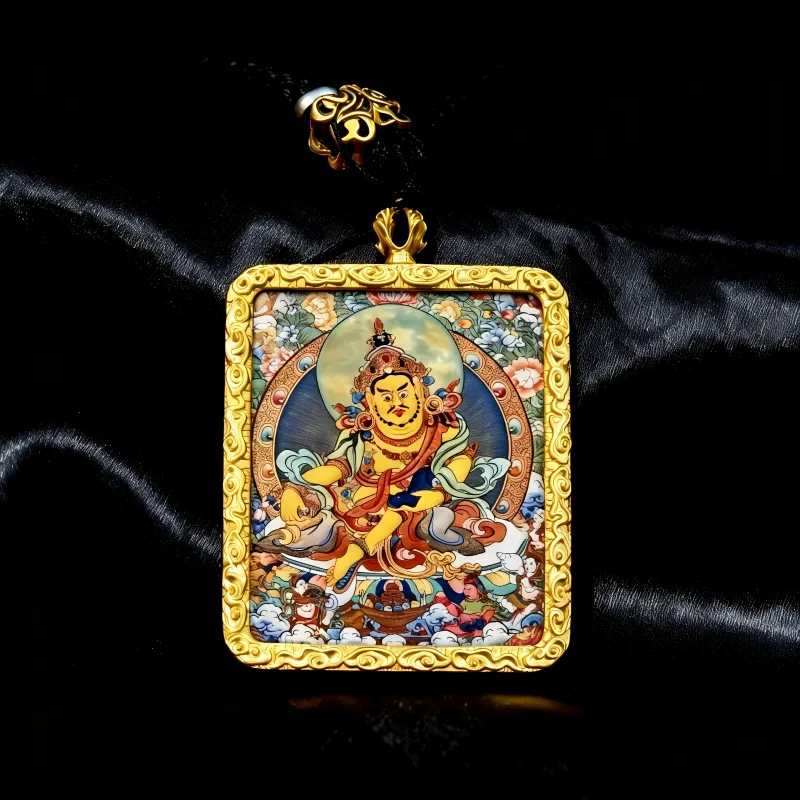 Black Jambhala Hand-Painted Thangka Pendant | God of Wealth & Protection Amulet thumbnail