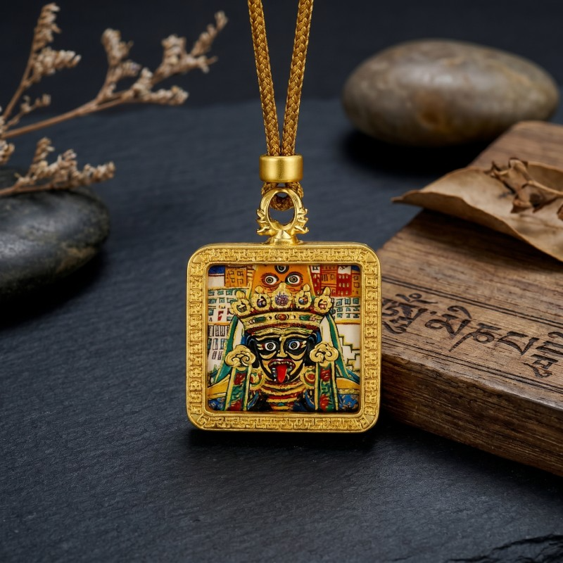 Black Jambhala Hand-Painted Thangka Pendant | God of Wealth & Protection Amulet thumbnail
