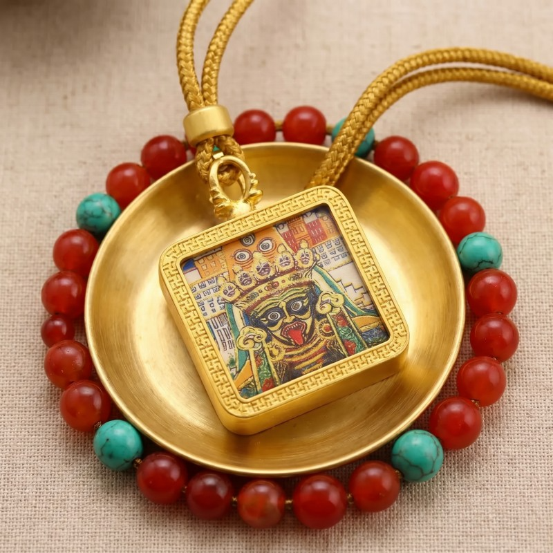 Black Jambhala Hand-Painted Thangka Pendant | God of Wealth & Protection Amulet thumbnail