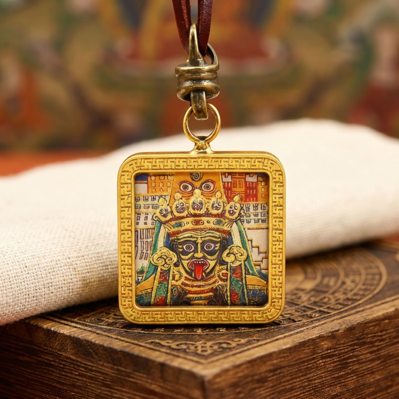 Black Jambhala Hand-Painted Thangka Pendant | God of Wealth & Protection Amulet thumbnail