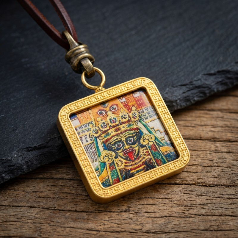 Black Jambhala Hand-Painted Thangka Pendant | God of Wealth & Protection Amulet thumbnail