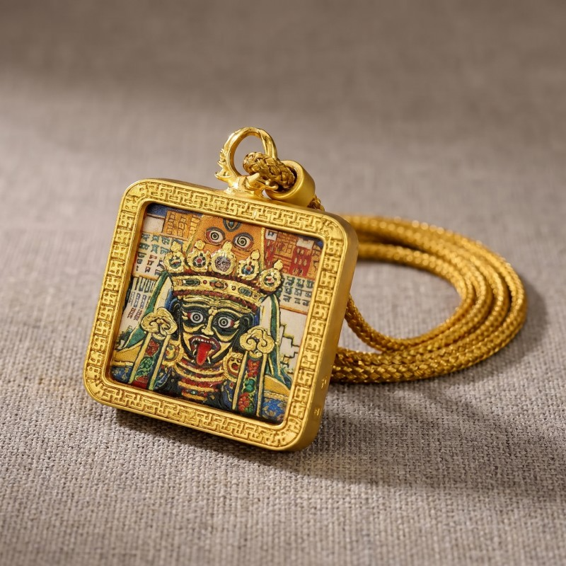 Black Jambhala Hand-Painted Thangka Pendant | God of Wealth & Protection Amulet thumbnail