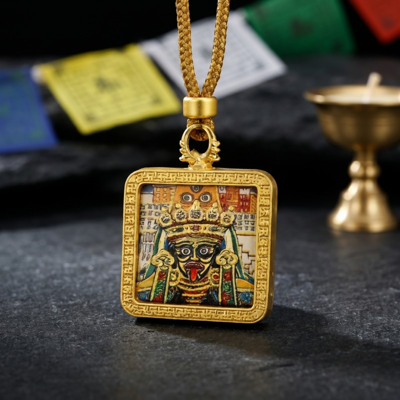 Black Jambhala Hand-Painted Thangka Pendant | God of Wealth & Protection Amulet thumbnail