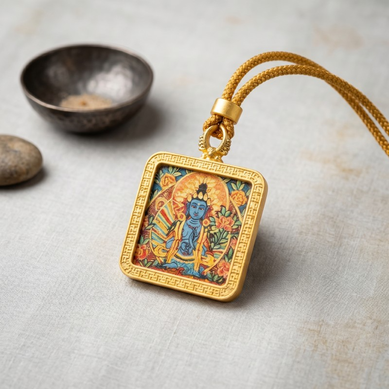 Blue Tara (Swift Protection Form) Hand-Painted Thangka Pendant | Goddess of Disaster Relief & Safety Amulet thumbnail