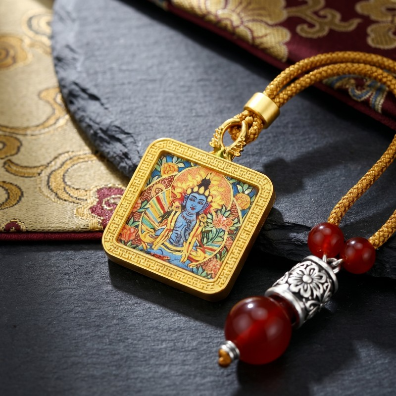 Blue Tara (Swift Protection Form) Hand-Painted Thangka Pendant | Goddess of Disaster Relief & Safety Amulet thumbnail