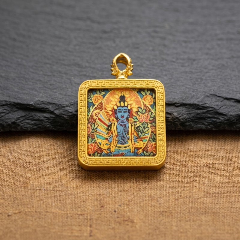 Blue Tara (Swift Protection Form) Hand-Painted Thangka Pendant | Goddess of Disaster Relief & Safety Amulet thumbnail