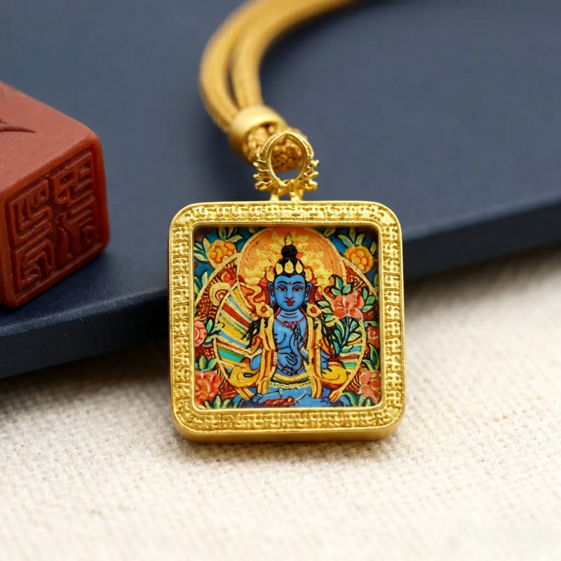 Blue Tara (Swift Protection Form) Hand-Painted Thangka Pendant | Goddess of Disaster Relief & Safety Amulet thumbnail