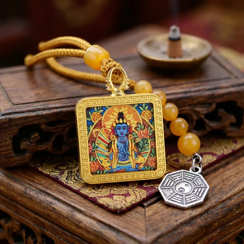 Blue Tara (Swift Protection Form) Hand-Painted Thangka Pendant | Goddess of Disaster Relief & Safety Amulet thumbnail