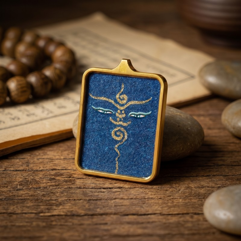 Buddha’s Wisdom Eyes (Blue Background) Hand-Painted Thangka Pendant | Sacred Prajna Eyes Amulet for Clarity & Protection thumbnail