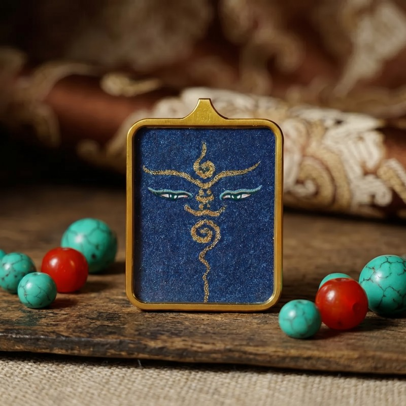 Buddha’s Wisdom Eyes (Blue Background) Hand-Painted Thangka Pendant | Sacred Prajna Eyes Amulet for Clarity & Protection thumbnail