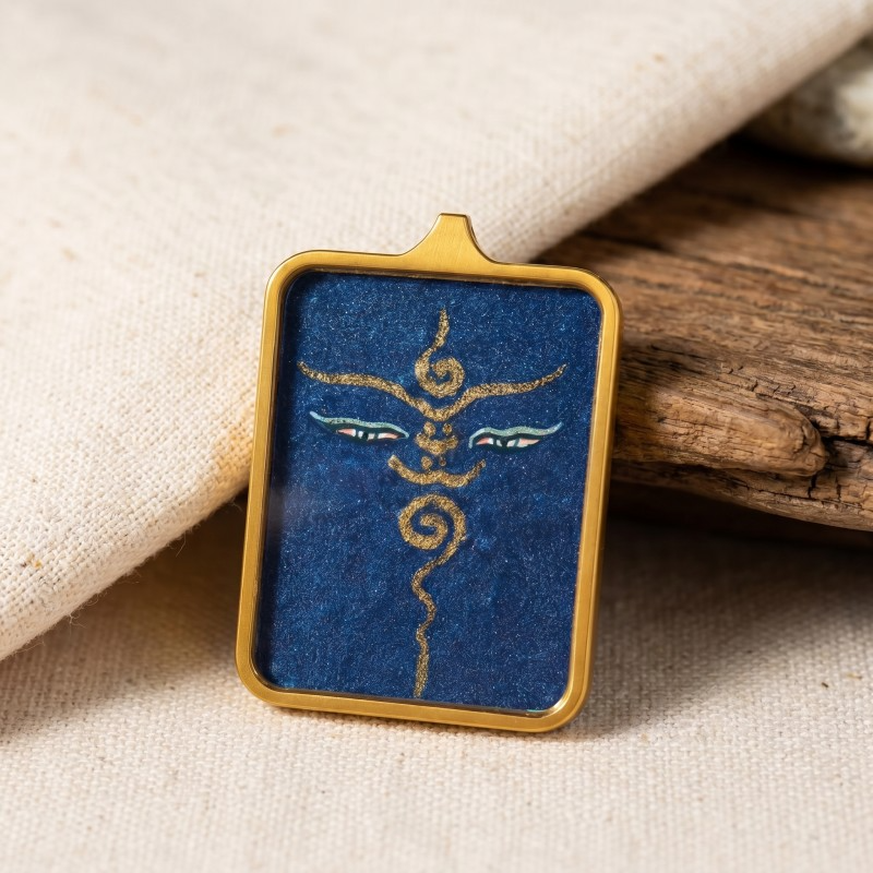 Buddha’s Wisdom Eyes (Blue Background) Hand-Painted Thangka Pendant | Sacred Prajna Eyes Amulet for Clarity & Protection thumbnail