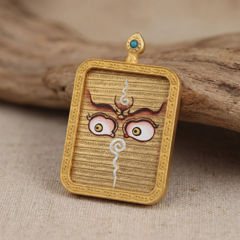 Buddha’s Wisdom Eyes (Golden Background) Hand-Painted Thangka Pendant | Sacred Prajna Eyes Amulet for Protection & Clarity thumbnail
