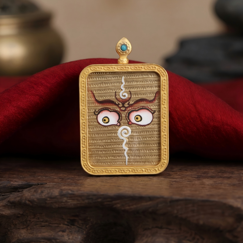 Buddha’s Wisdom Eyes (Golden Background) Hand-Painted Thangka Pendant | Sacred Prajna Eyes Amulet for Protection & Clarity thumbnail