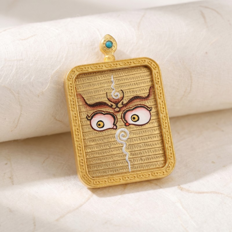 Buddha’s Wisdom Eyes (Golden Background) Hand-Painted Thangka Pendant | Sacred Prajna Eyes Amulet for Protection & Clarity thumbnail