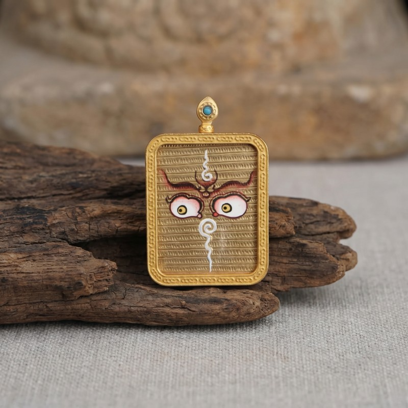 Buddha’s Wisdom Eyes (Golden Background) Hand-Painted Thangka Pendant | Sacred Prajna Eyes Amulet for Protection & Clarity thumbnail