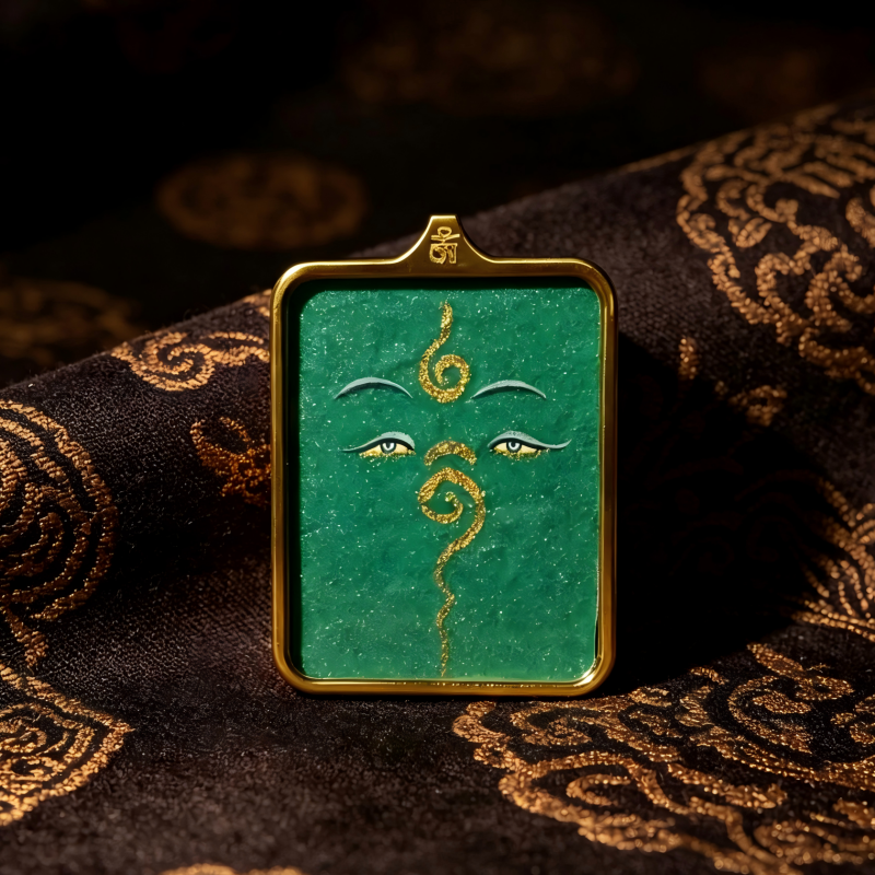 Buddha’s Wisdom Eyes (Green Background) Hand-Painted Thangka Pendant | Sacred Prajna Eyes Amulet for Protection & Good Fortune thumbnail