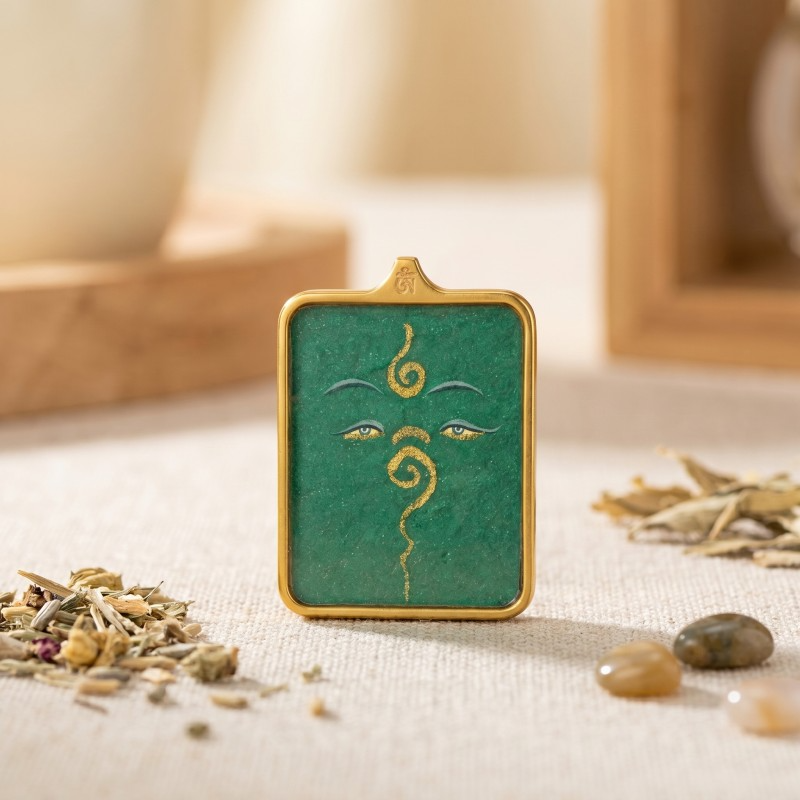 Buddha’s Wisdom Eyes (Green Background) Hand-Painted Thangka Pendant | Sacred Prajna Eyes Amulet for Protection & Good Fortune thumbnail