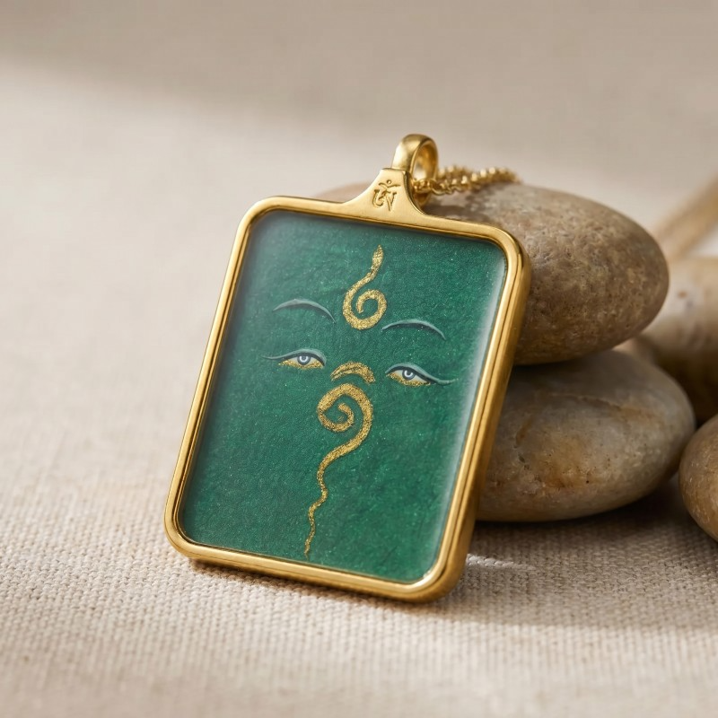 Buddha’s Wisdom Eyes (Green Background) Hand-Painted Thangka Pendant | Sacred Prajna Eyes Amulet for Protection & Good Fortune thumbnail