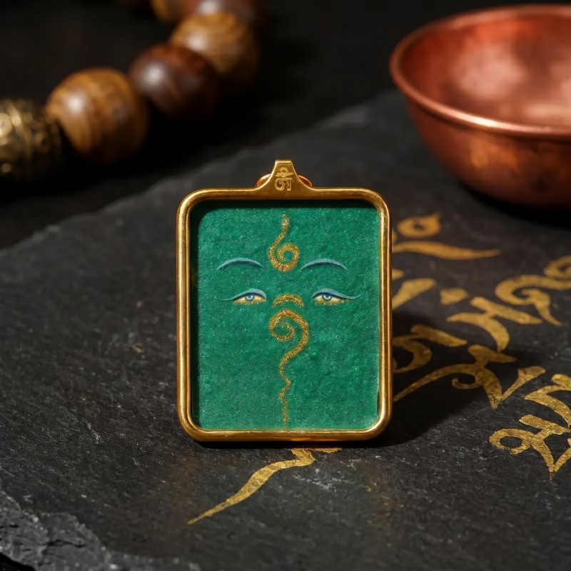 Buddha’s Wisdom Eyes (Green Background) Hand-Painted Thangka Pendant | Sacred Prajna Eyes Amulet for Protection & Good Fortune thumbnail