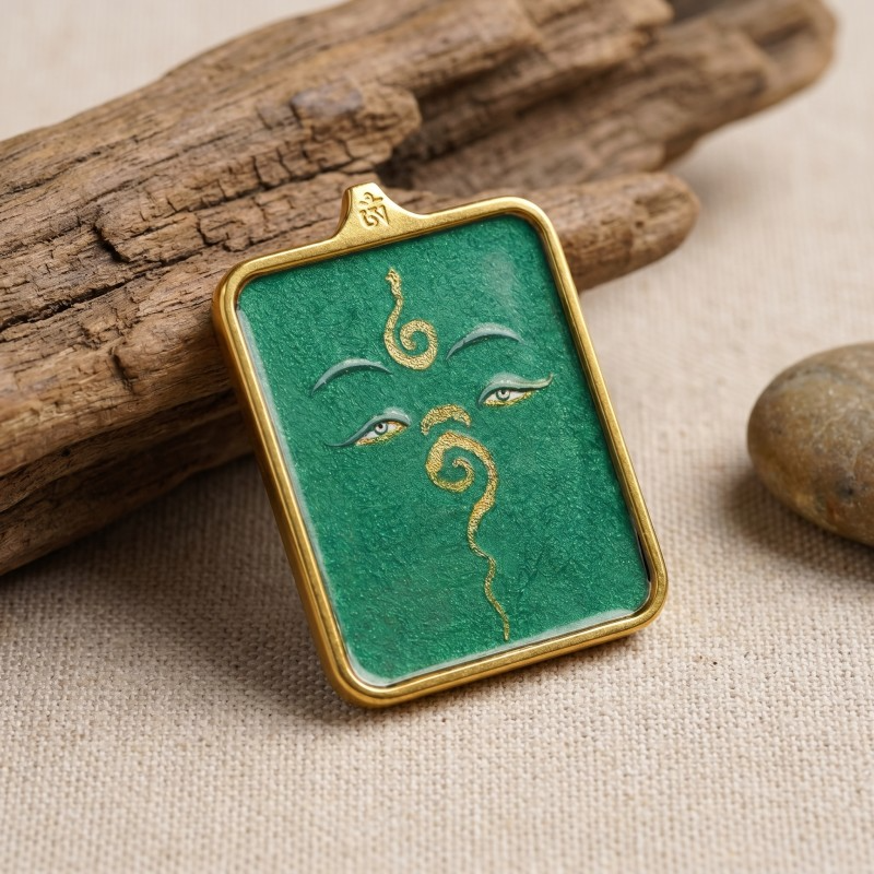 Buddha’s Wisdom Eyes (Green Background) Hand-Painted Thangka Pendant | Sacred Prajna Eyes Amulet for Protection & Good Fortune thumbnail