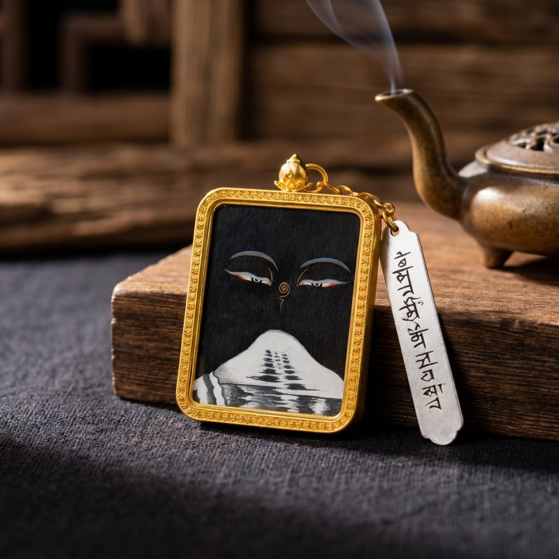 Buddha’s Wisdom Eyes with Mount Kailash Hand-Painted Thangka Pendant | Sacred Symbol of Clarity & Spiritual Connection Amulet thumbnail