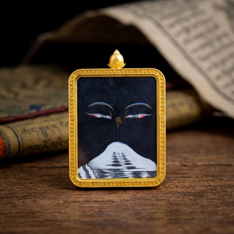 Buddha’s Wisdom Eyes with Mount Kailash Hand-Painted Thangka Pendant | Sacred Symbol of Clarity & Spiritual Connection Amulet thumbnail