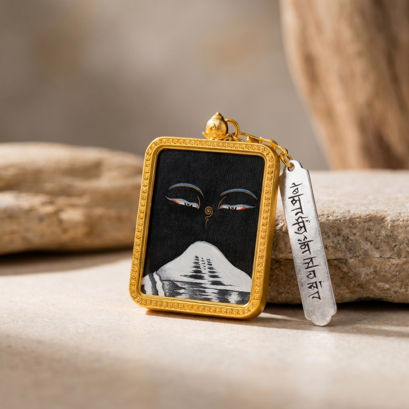 Buddha’s Wisdom Eyes with Mount Kailash Hand-Painted Thangka Pendant | Sacred Symbol of Clarity & Spiritual Connection Amulet thumbnail