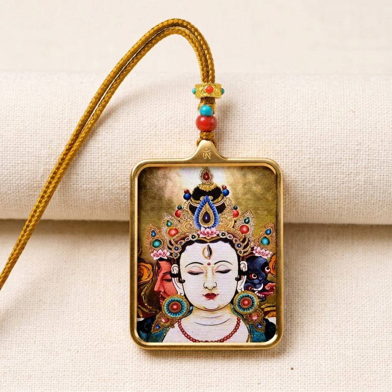 Chenrezig (Avalokiteshvara) Hand-Painted Thangka Pendant | Amulet of Compassion & Divine Guidance thumbnail
